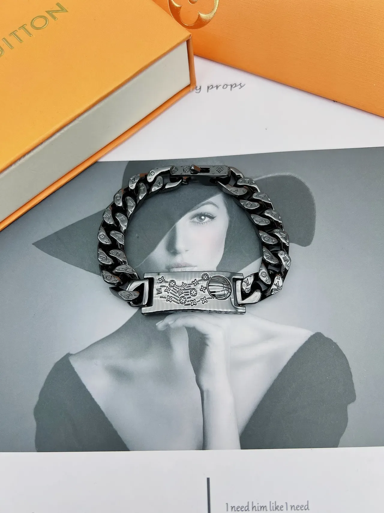 Louis Vuitton Black Engraved Monogram Curb-Link Bracelet 9
