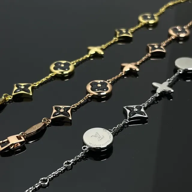 Louis Vuitton Black Gold Floral Motif Enamel Inlay Necklace 2