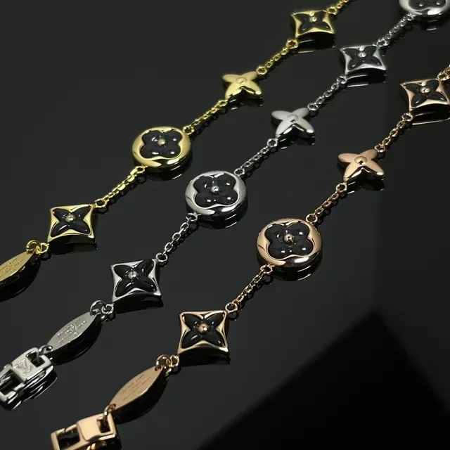 Louis Vuitton Black Gold Floral Motif Enamel Inlay Necklace 3