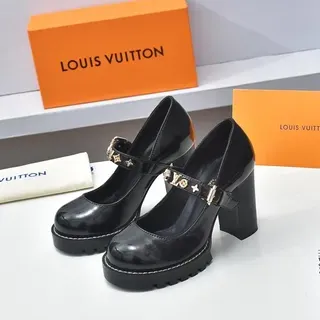 Louis Vuitton Black Gold Glossy Patent Leather Chunky Block Heel Mary Jane Shoes