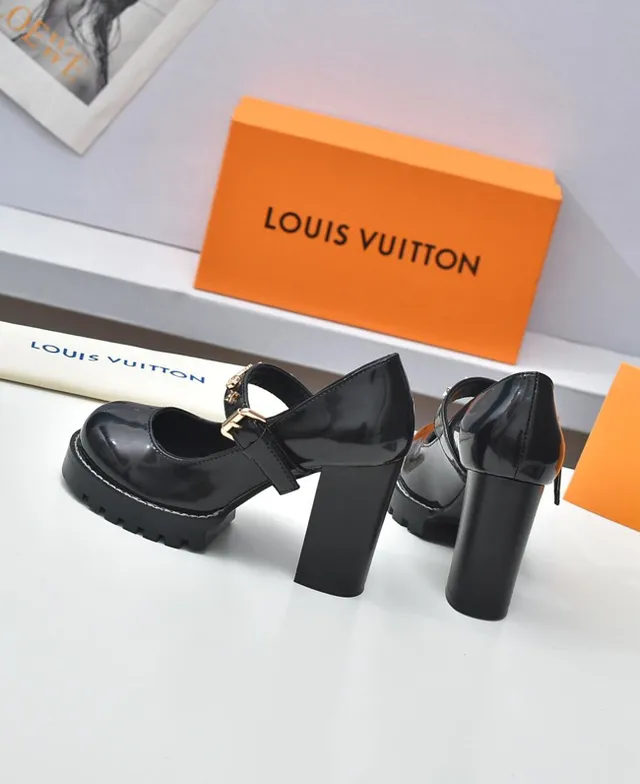 Louis Vuitton Chaussures noires dorées en cuir patenté brillant chunky block heel Mary Jane 9