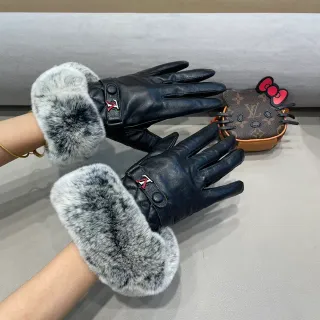 Louis Vuitton Black Gray Quilted Faux Fur Cuff Leather Gloves