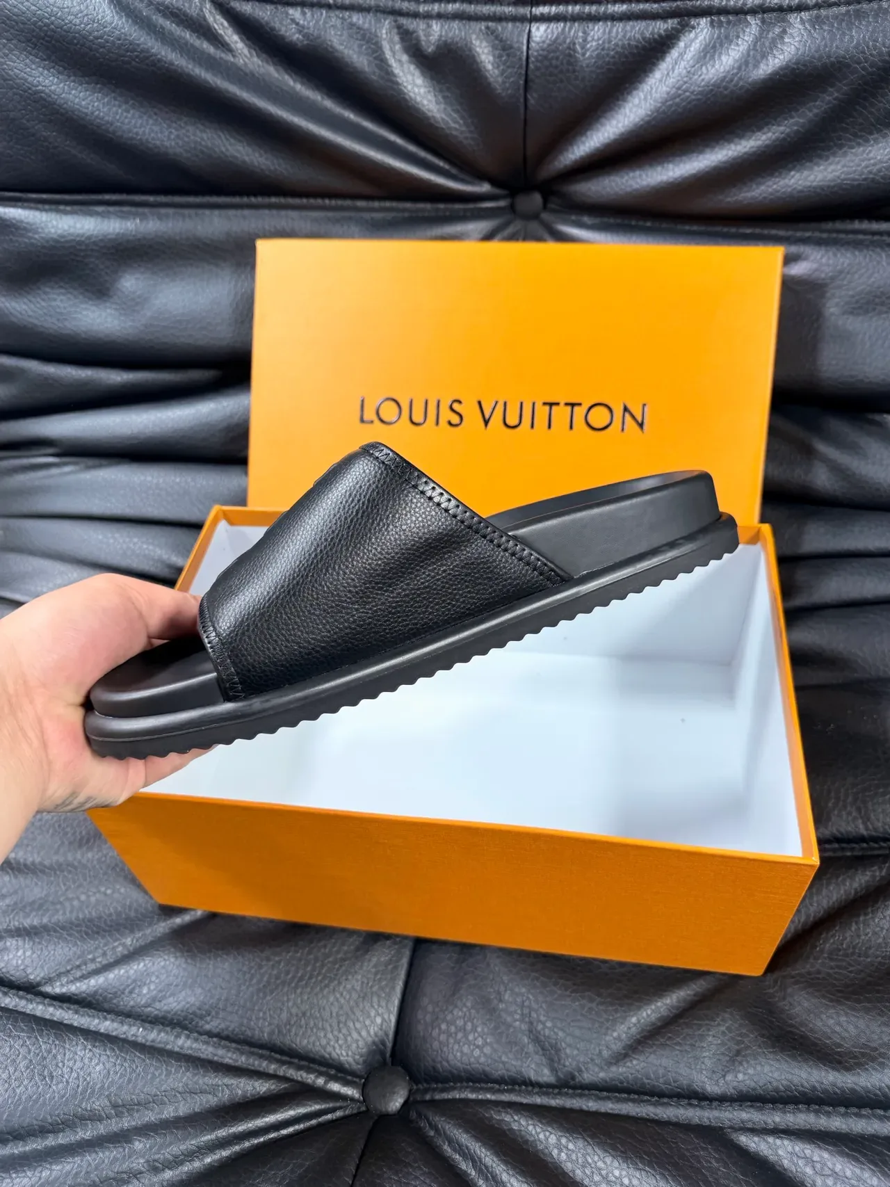 Louis Vuitton Black Leather Embossed Monogram Strap Slippers 3
