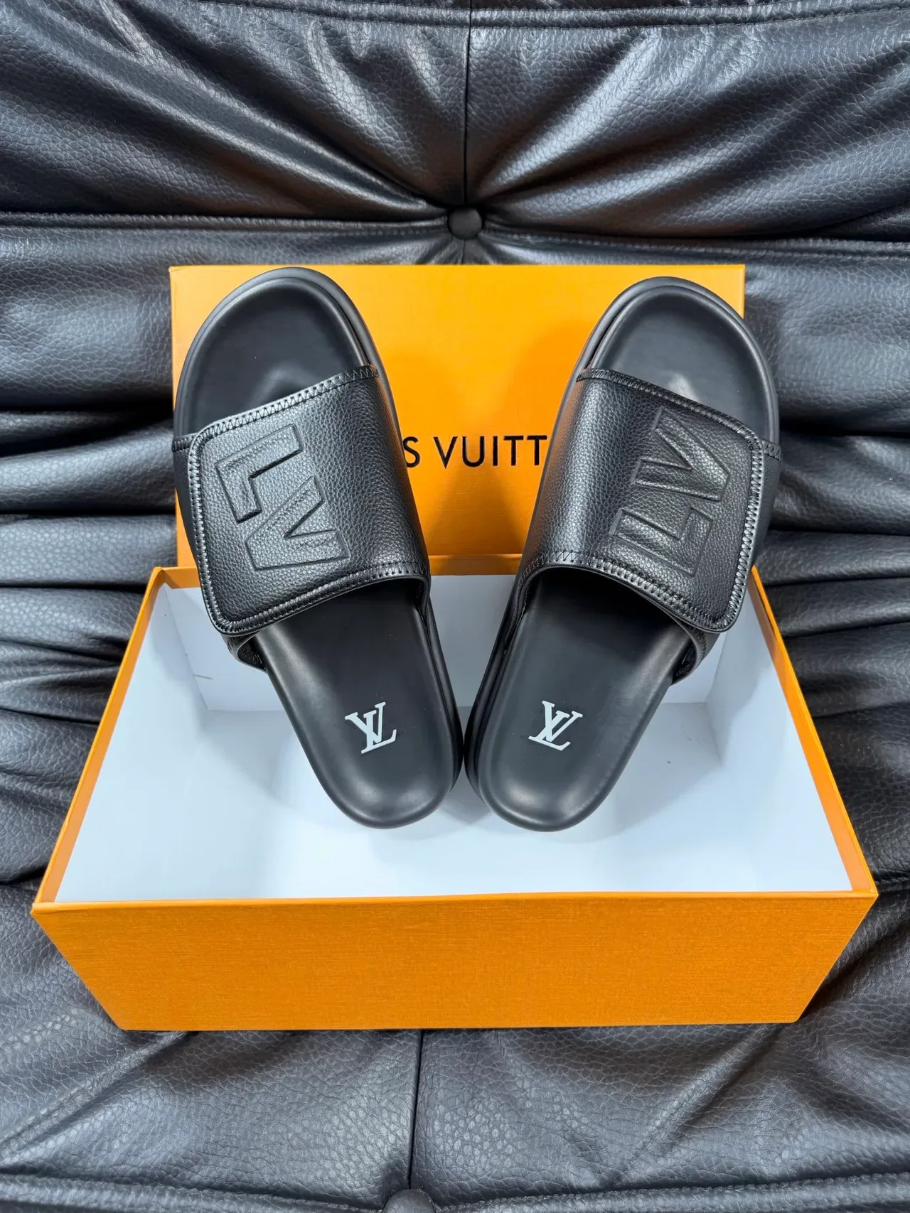 Louis Vuitton Black Leather Embossed Monogram Strap Slippers 4