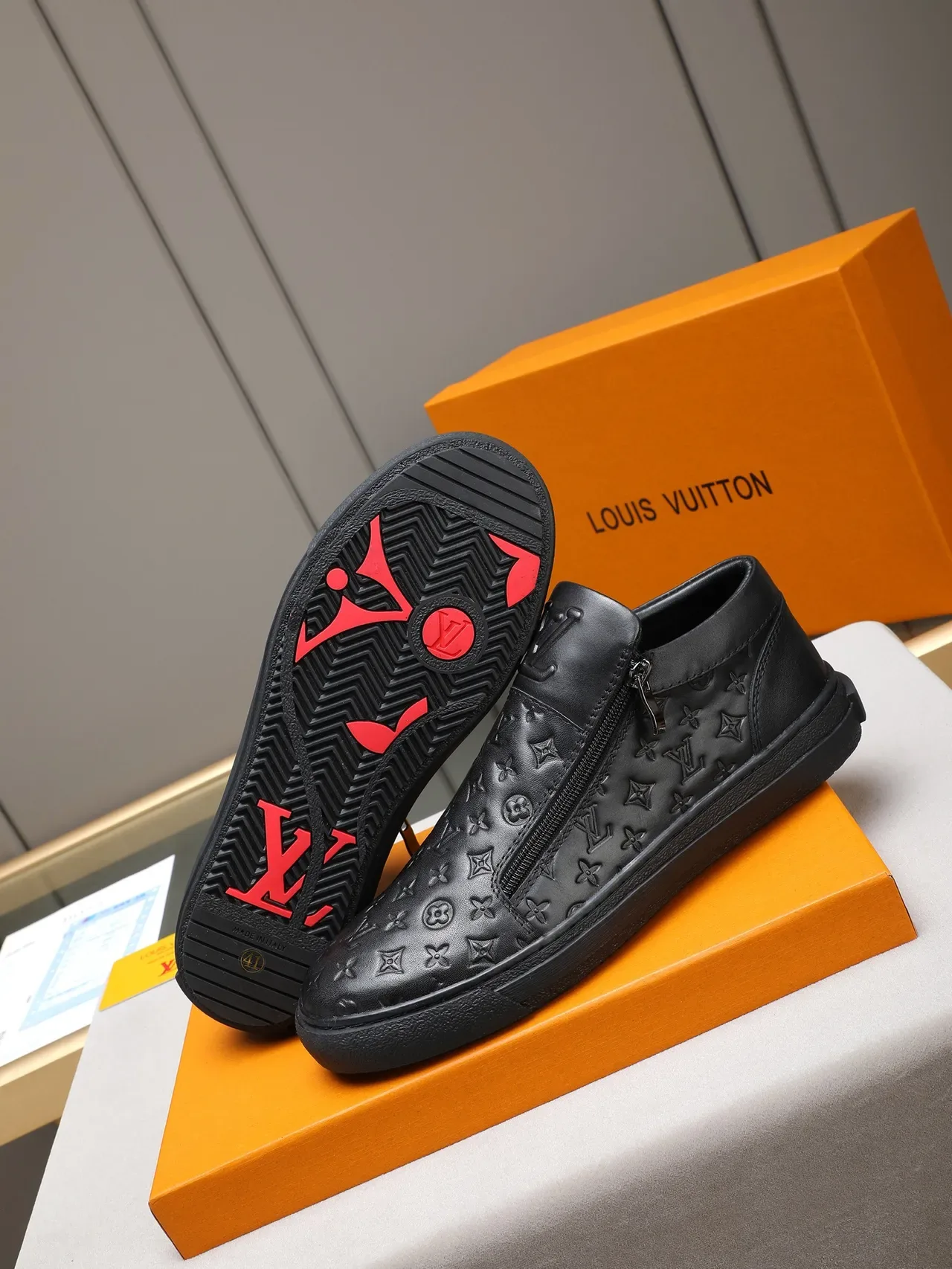 Louis Vuitton Black Monogram-Embossed Leather Side-Zip Closure Lifestyle Sneakers 4
