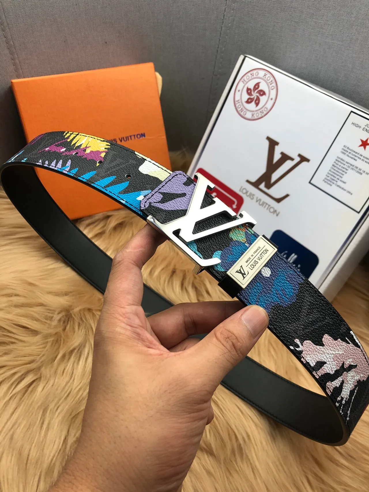Louis Vuitton Black Multicolor Printed LV Turn-Lock Buckle Leather Belt 1