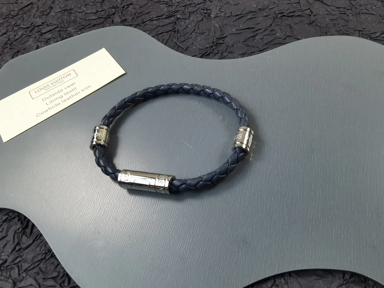 Louis Vuitton Black Silver Braided Leather Cylindrical Metal Hardware Jewelry 3