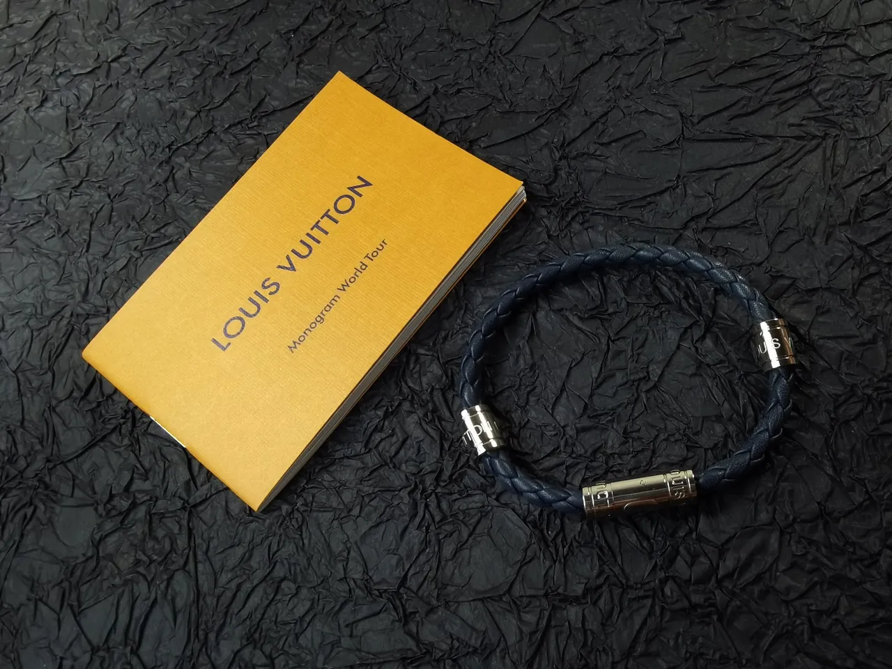 Louis Vuitton Black Silver Braided Leather Cylindrical Metal Hardware Jewelry 4