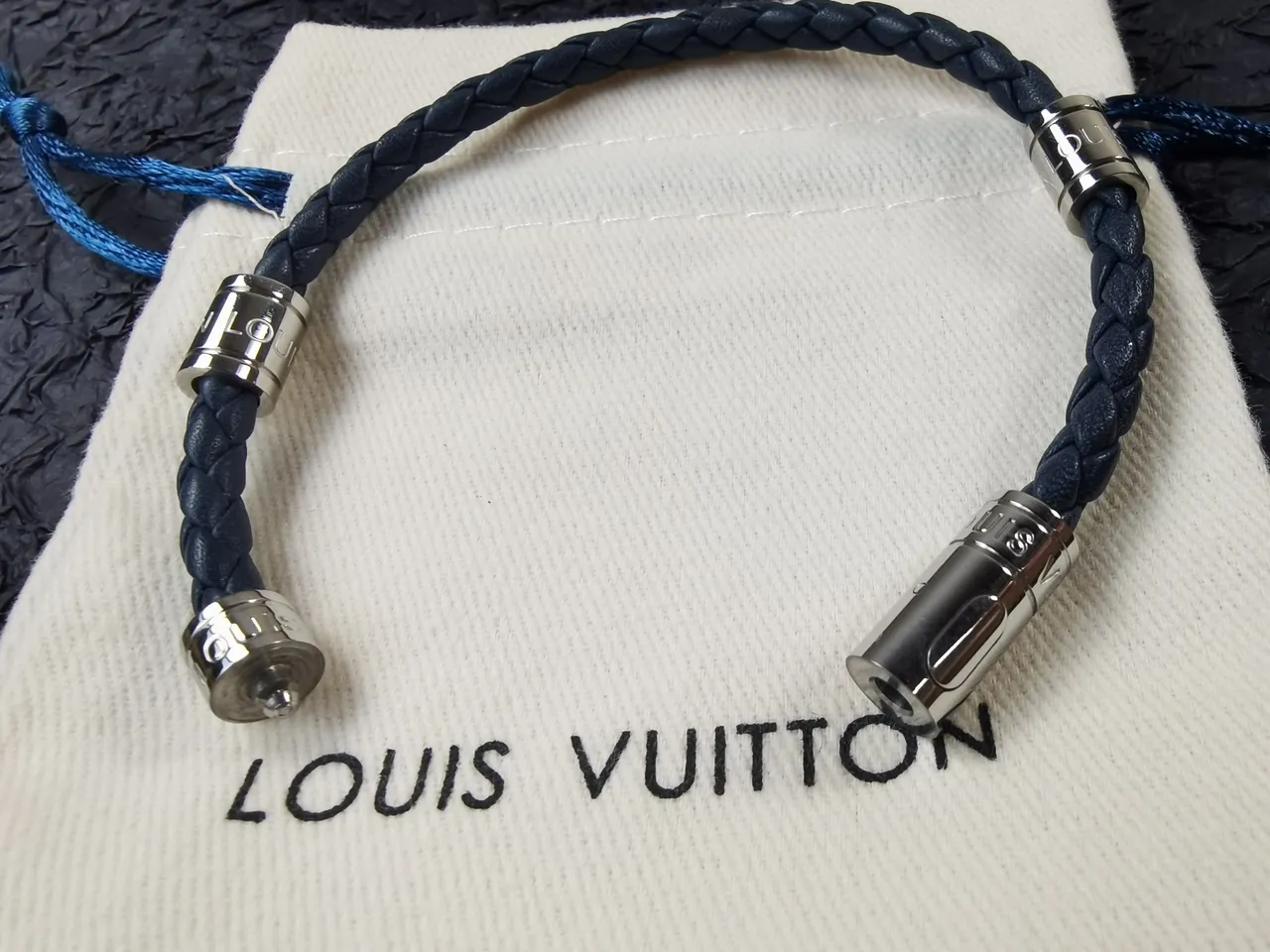 Louis Vuitton Black Silver Braided Leather Cylindrical Metal Hardware Jewelry 5