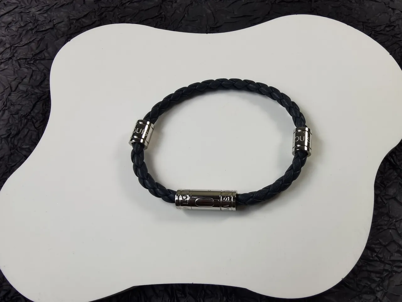 Louis Vuitton Black Silver Braided Leather Cylindrical Metal Hardware Jewelry 6