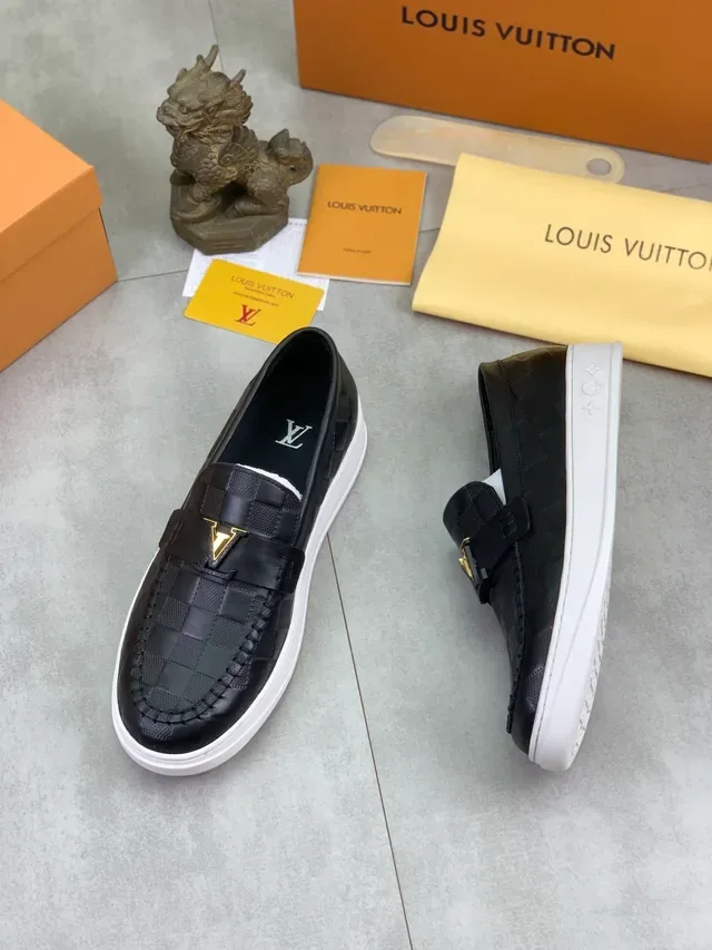 Louis Vuitton Black White Checkered Leather Gold-Tone LV Logo Strap Loafer 5