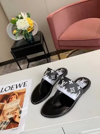 Louis Vuitton Black White Monogram-Print Strap Glossy Sole Slippers 2