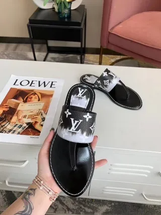 Louis Vuitton Black White Monogram-Print Strap Glossy Sole Slippers 6
