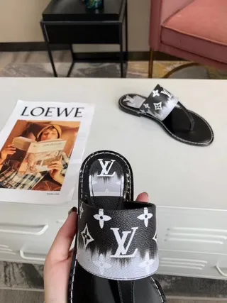 Louis Vuitton Black White Monogram-Print Strap Glossy Sole Slippers 7