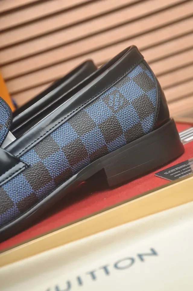 Louis Vuitton Blue Brown Damier Azur Checkered Canvas Polished Black Leather Strap Loafer 2