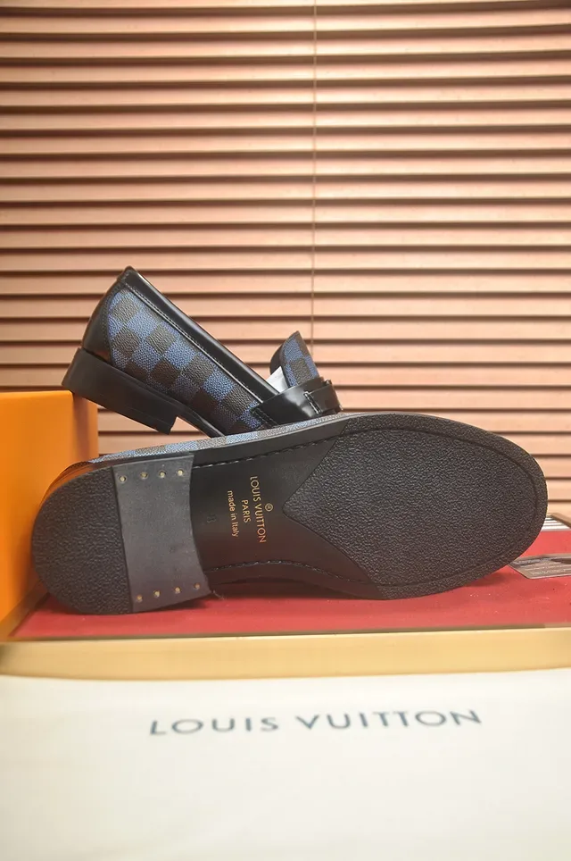 Louis Vuitton Blue Brown Damier Azur Checkered Canvas Polished Black Leather Strap Loafer 3