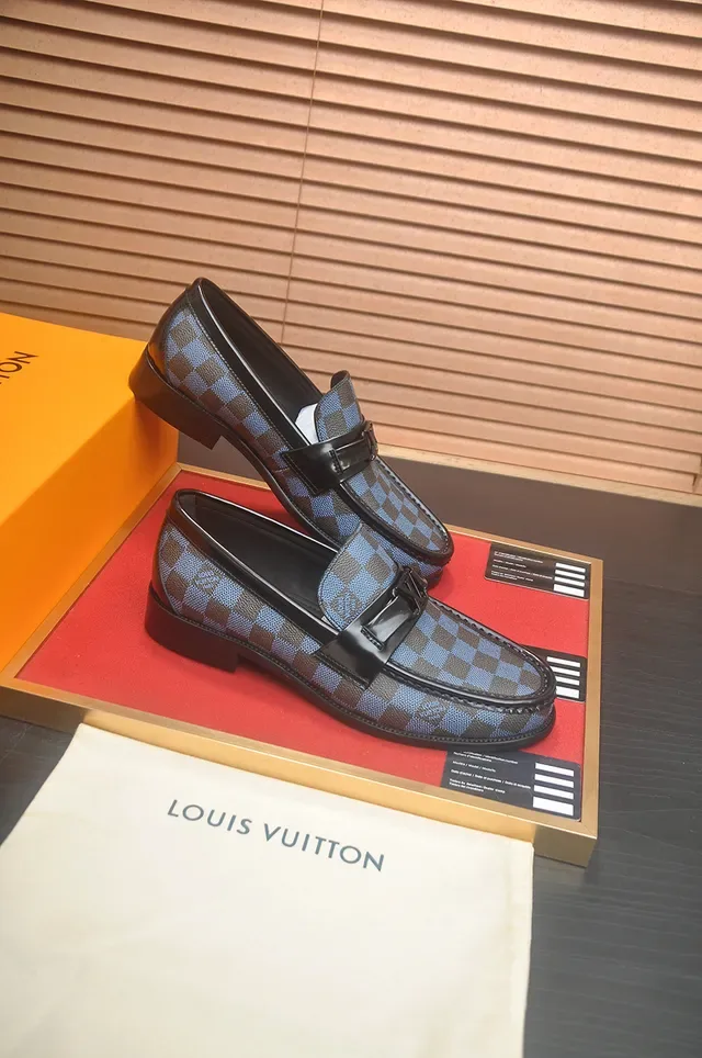 Louis Vuitton Blue Brown Damier Azur Checkered Canvas Polished Black Leather Strap Loafer 4