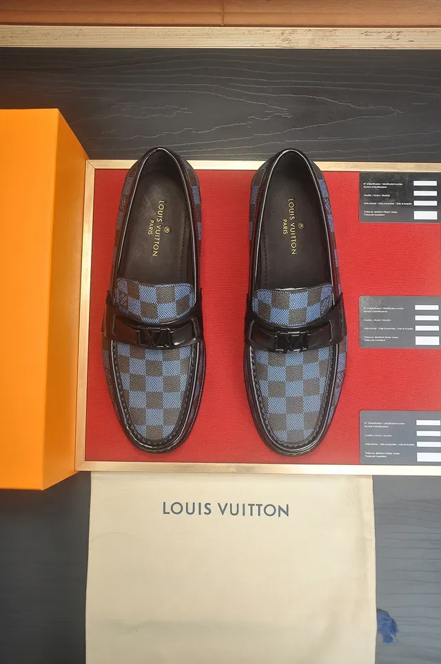 Louis Vuitton Blue Brown Damier Azur Checkered Canvas Polished Black Leather Strap Loafer 5