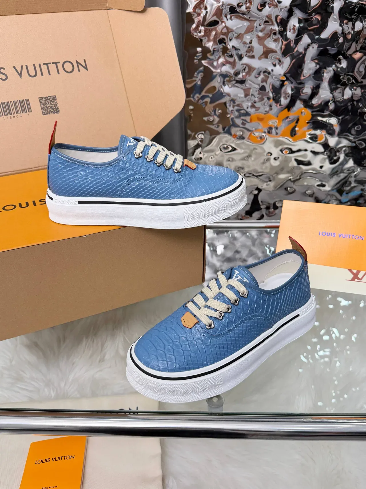 Louis Vuitton Blue Croc-Embossed Platform Sneakers 3