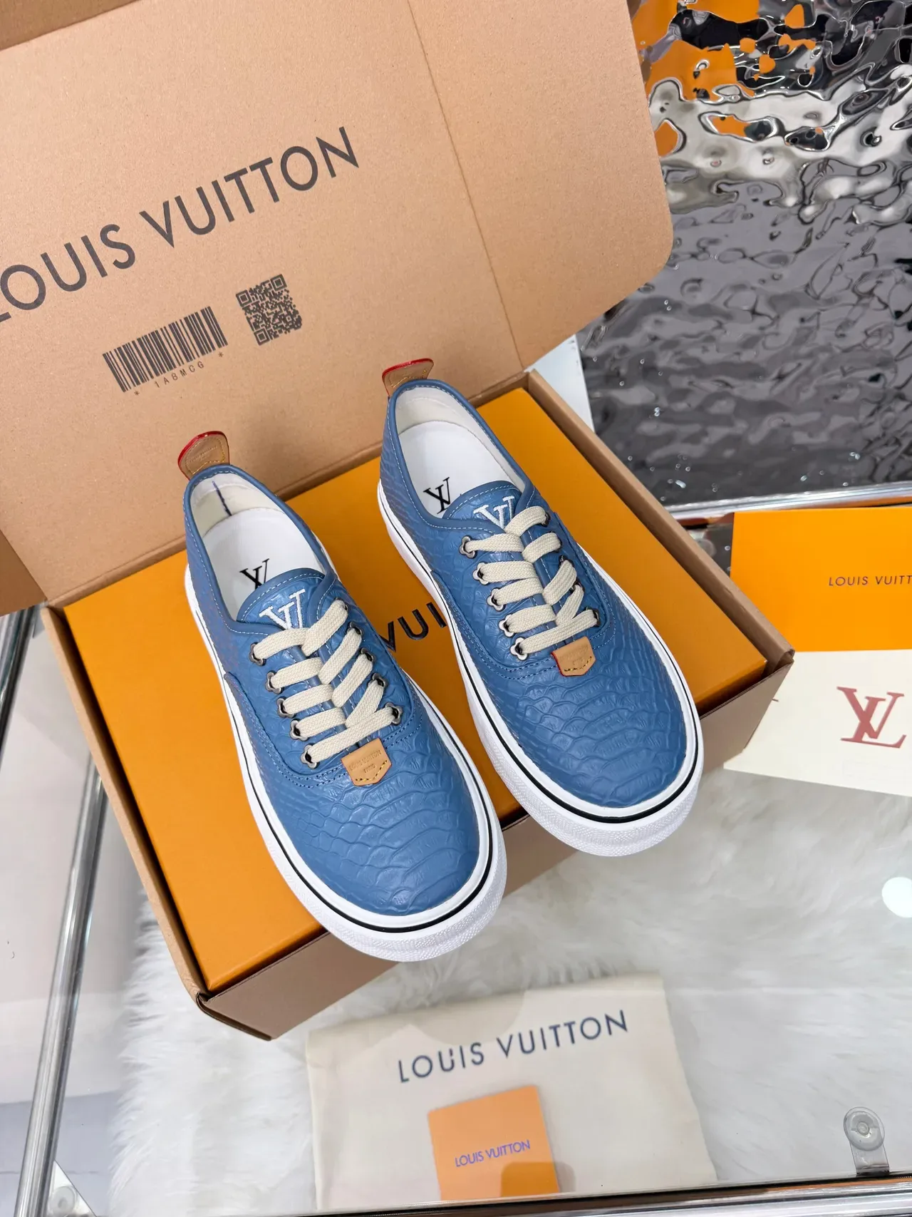Louis Vuitton Blue Croc-Embossed Platform Sneakers 5