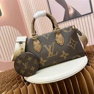 Louis Vuitton Brown Beige Monogram Canvas Tan Leather Trim Boston Bag