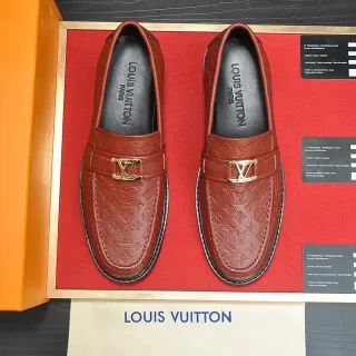 Louis Vuitton Brown Black Monogram-Embossed Leather Gold-Tone LV Buckle Loafer