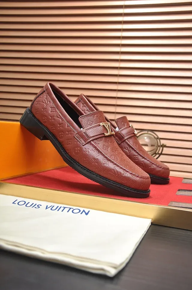 Louis Vuitton Brown Black Monogram-Embossed Leather Gold-Tone LV Buckle Loafer 4