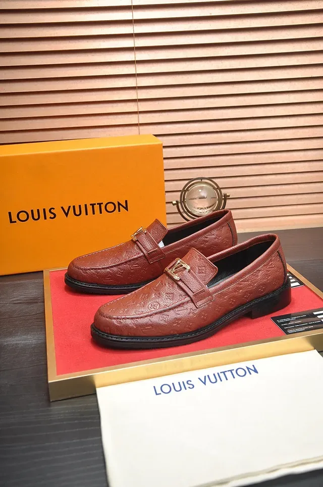 Louis Vuitton Brown Black Monogram-Embossed Leather Gold-Tone LV Buckle Loafer 9