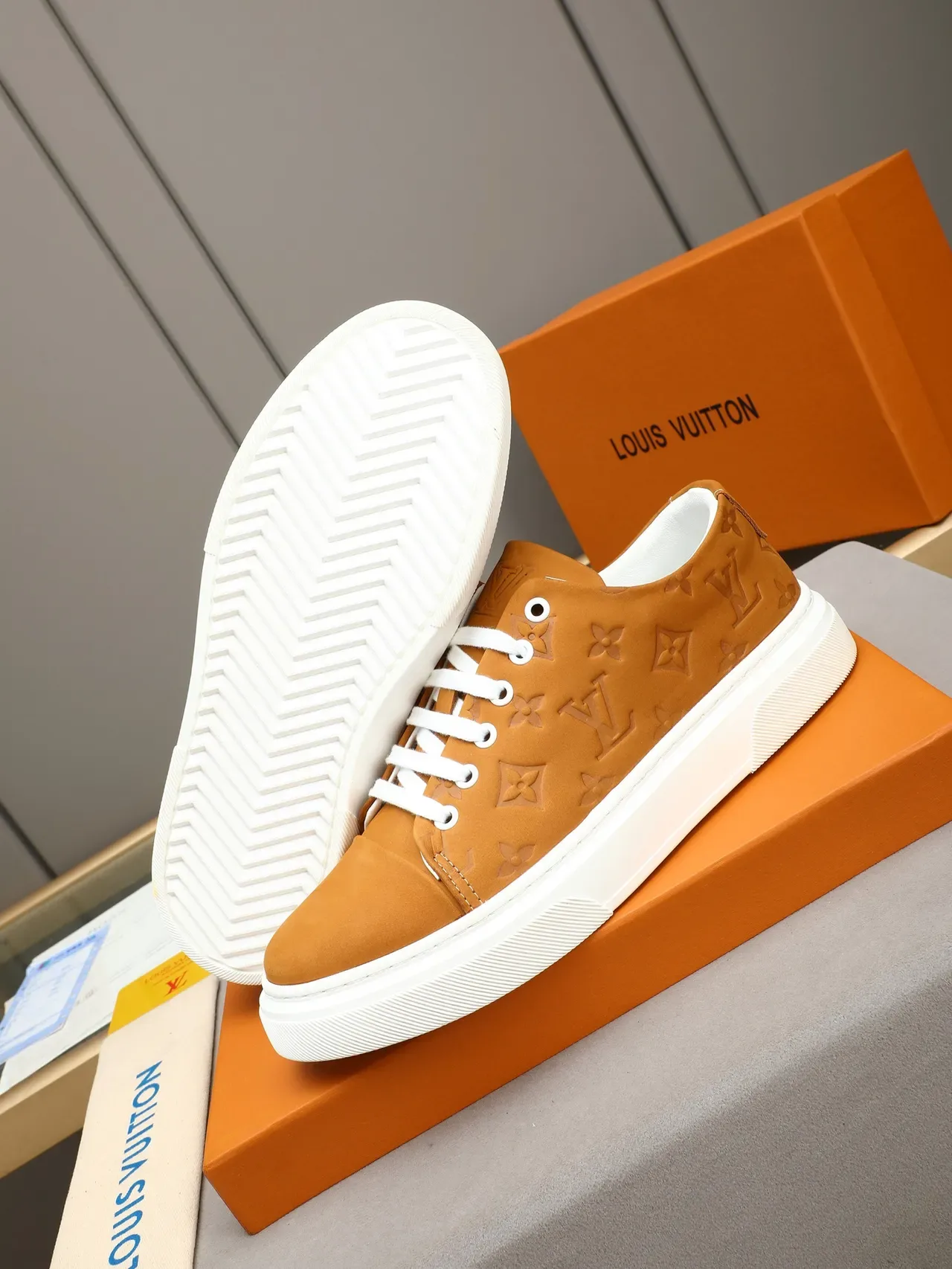 Louis Vuitton Brown White Monogram-Embossed Leather Low-Top Lifestyle Sneakers 4