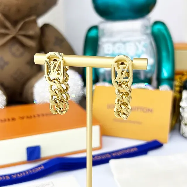 Louis Vuitton Chain Gold Monogram Lock Hardware Curb Links Earrings 2