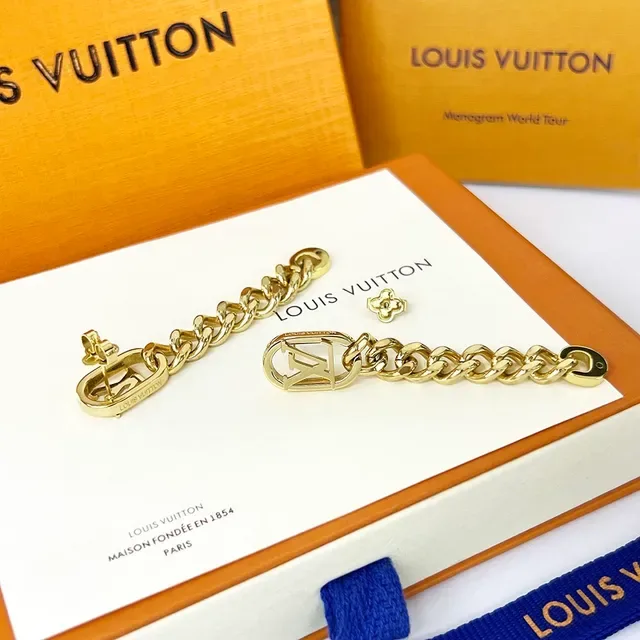 Louis Vuitton Chain Gold Monogram Lock Hardware Curb Links Earrings 3