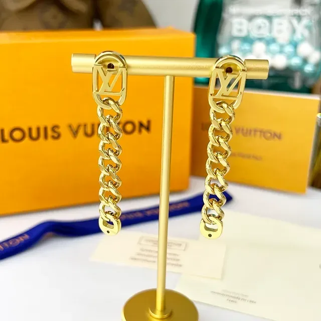 Louis Vuitton Chain Gold Monogram Lock Hardware Curb Links Earrings 4