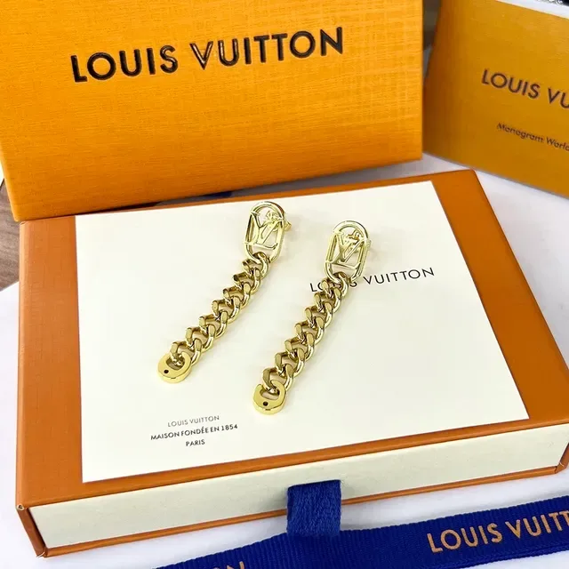 Louis Vuitton Chain Gold Monogram Lock Hardware Curb Links Earrings 5