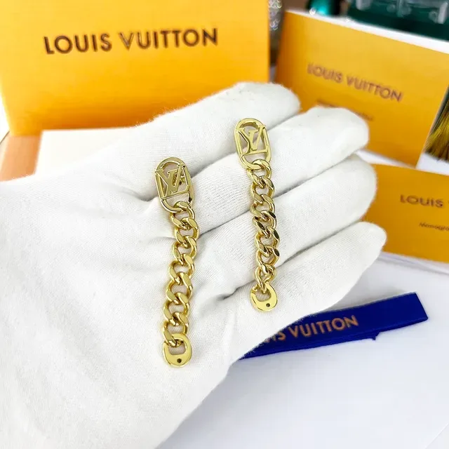 Louis Vuitton Chain Gold Monogram Lock Hardware Curb Links Earrings 6