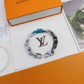 Louis Vuitton Cadena de eslabones plateada multicolores gruesa impresión monograma cuero acentos pulsera