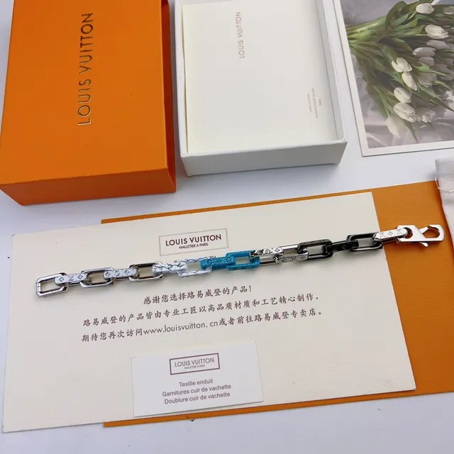 Louis Vuitton Chain Link Silver Multicolor Chunky Monogram-Print Leather Accents Bracelet 4