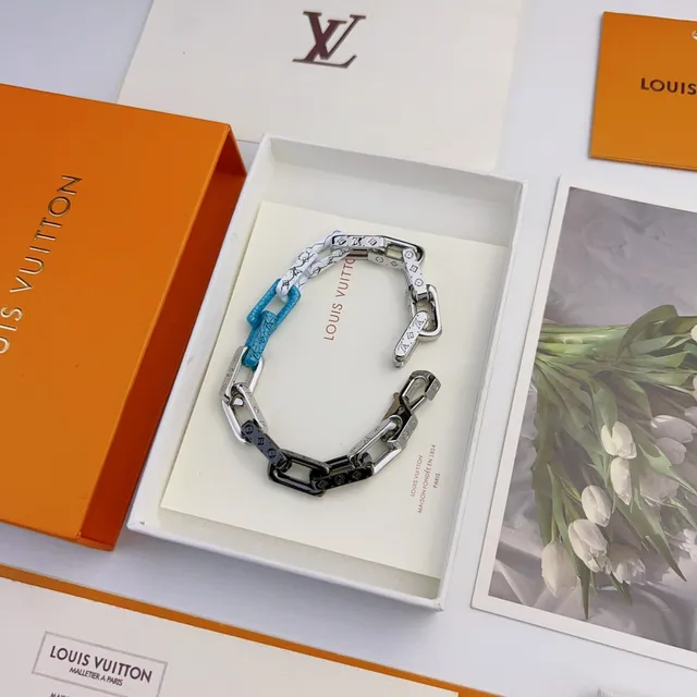 Louis Vuitton Chain Link Silver Multicolor Chunky Monogram-Print Leather Accents Bracelet 6