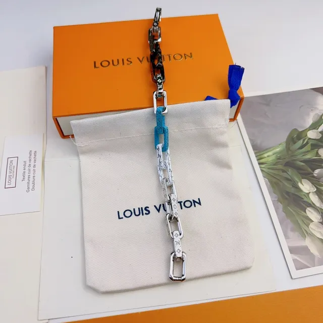 Louis Vuitton Chain Link Silver Multicolor Chunky Monogram-Print Leather Accents Bracelet 7