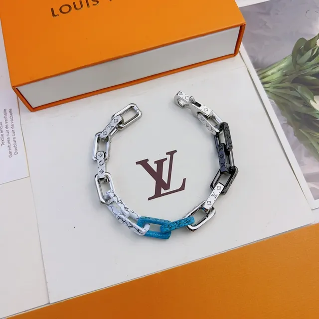 Louis Vuitton Chain Link Silver Multicolor Chunky Monogram-Print Leather Accents Bracelet 9