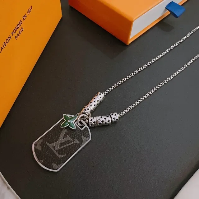 Louis Vuitton Dog Tag Black Green Pendant Monogram Canvas Necklace 5
