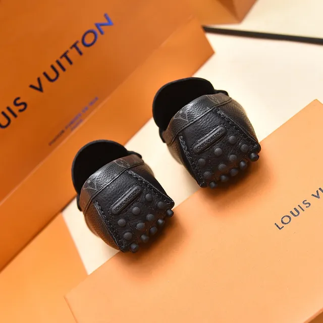 Louis Vuitton Driver Black Navy Pebbled Leather Metal LV Buckle Loafer 2