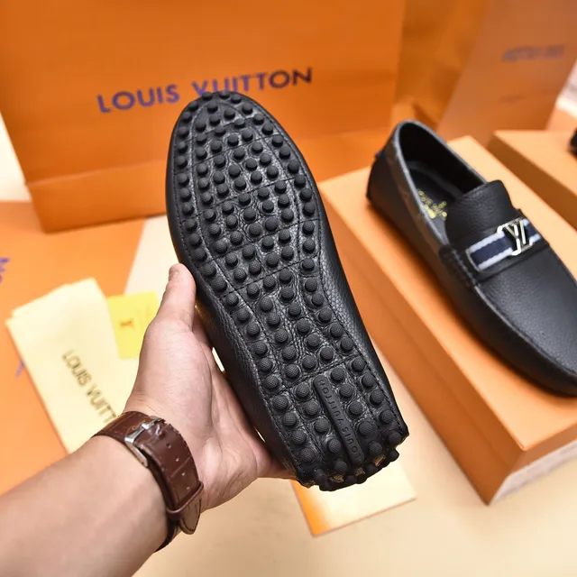 Louis Vuitton Driver Black Navy Pebbled Leather Metal LV Buckle Loafer 4