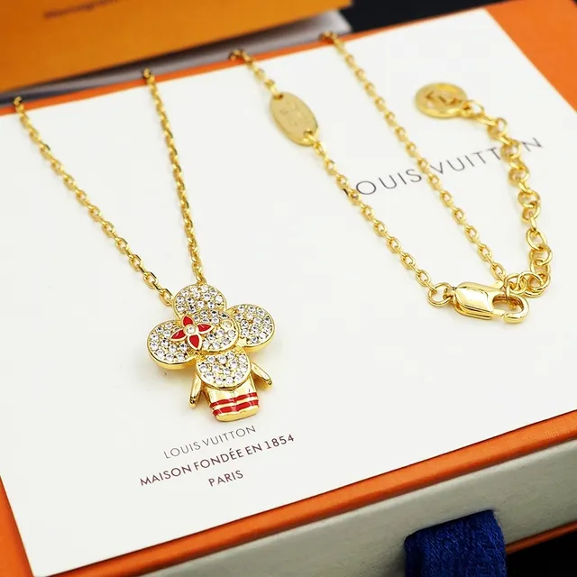 Louis Vuitton Floral Pavé Pendant Gold Red Chain Necklace 2