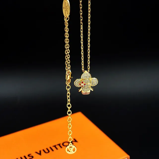 Louis Vuitton Floral Pavé Pendant Gold Red Chain Necklace 4