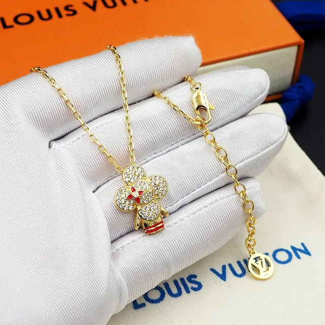 Louis Vuitton Floral Pavé Pendant Gold Red Chain Necklace 6
