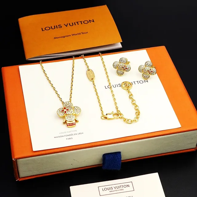 Louis Vuitton Floral Pavé Pendant Gold Red Chain Necklace 10