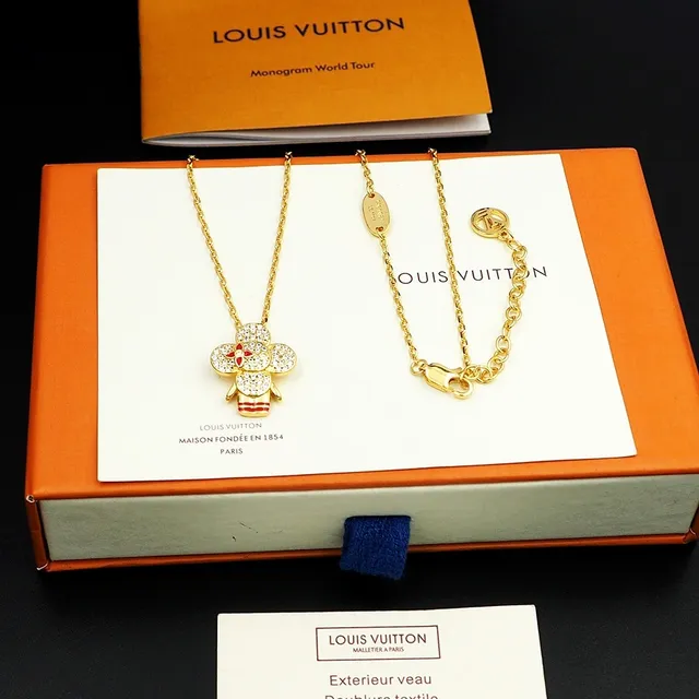 Louis Vuitton Floral Pavé Pendant Gold Red Chain Necklace 11