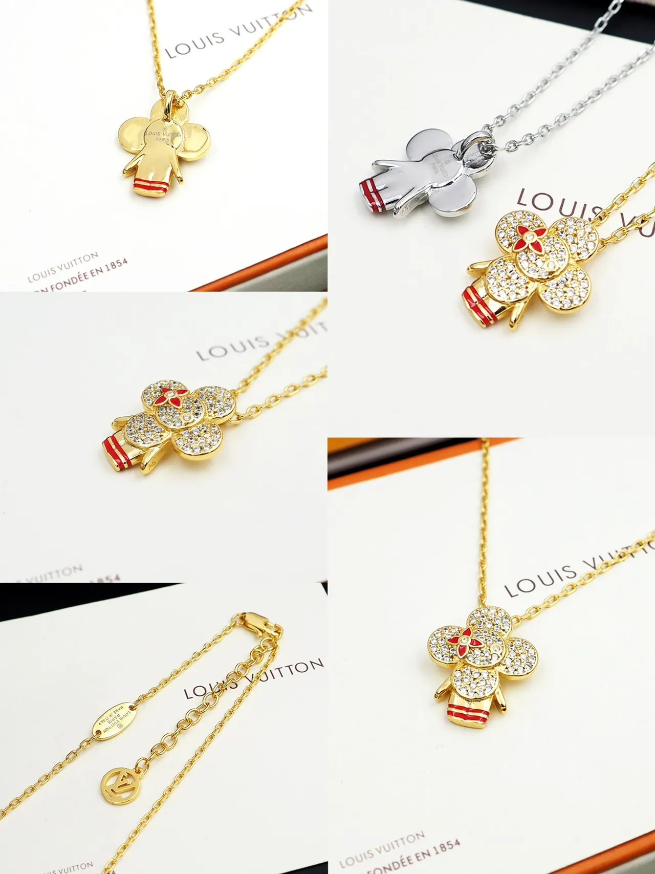 Louis Vuitton Floral Pavé Pendant Gold Red Chain Necklace 12