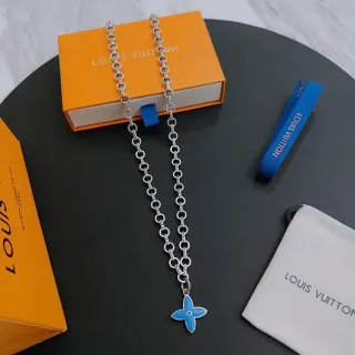 Louis Vuitton Floral Pendant Blue Silver Link Chain Enamel Flower Necklace