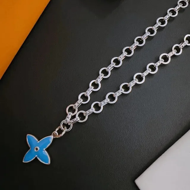 Louis Vuitton Floral Pendant Blue Silver Link Chain Enamel Flower Necklace 6